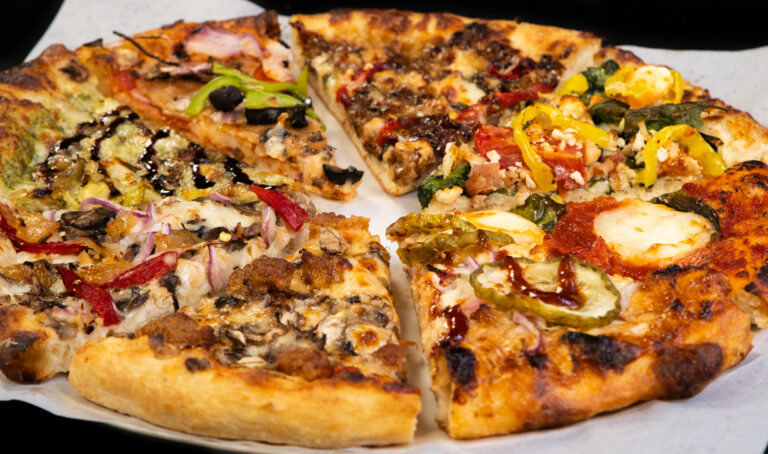 combined pizza side view